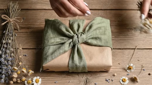 Woman's hands tie a fabric bow on a wrapped gift. Decorating a handmade present with dried flowers on a rustic wooden table. Eco-friendly gift wrapping concept
