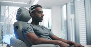 Futuristic Laboratory: Male Patient Wearing Headset For Brain Scan. Advanced Neural Technology Focuses On Cognitive Optimization, Enhancing Neural Efficiency. Research On Neurological Diseases