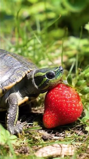 Slow But Cute 🐢 | Turtle Chasing Strawberry 🍓