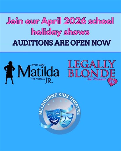 Melbourne Kids Theatre on Instagram: "🎭Audition now and join us for another incredible year of theatre magic! 🎭 💗 Junior Show: Matilda the Musical Jr. 📅 Auditions: Online 🕕 Rehearsals: 6–10 April 🎬 Performances: 11–12 April 👧🧒 Ages: 7–14 ⭐ 15–18 year olds may audition for adult roles! 💄🎶 Senior Show: Legally Blonde Jr. 📅 Auditions: Online 🕺 Rehearsals: 13–17 April 🎭 Performances: 18–19 April 🎓 Ages: 12–18 🚨✨ Register now to secure your spot and receive your audition pack! ✨🎟️"