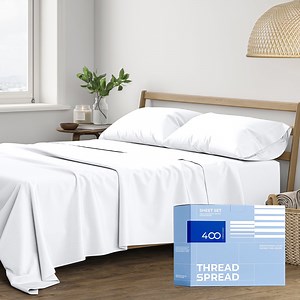 THREAD SPREAD Twin XL Sheets Set Cotton - 400 Thread Count 100% Cotton Twin XL Sheet Set, 3 PC Twin XL Sheets, Cooling Sheets for Dorm Rooms & Adults, 16" Deep Pocket Extra Soft Cotton Sheets (White)