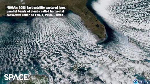 “NOAA’s GOES East satellite captured long, parallel bands of clouds called horizontal convective rolls,” on Feb. 1, 2026, according to NOAA, these "cloud streets" can form when cold air flows over warm water. Read more👉 https://space-com.visitlink.me/Sgx6wp Credit: Space.com | footage courtesy: NOAA | edited by Steve Spaleta | Space.com