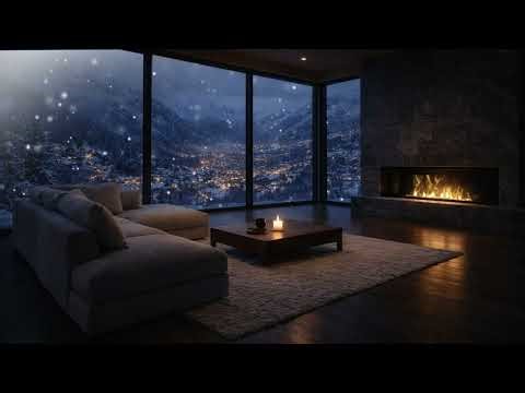 Alpine Night Escape 🌙 Warm Fireplace Overlooking Snowy Village Lights