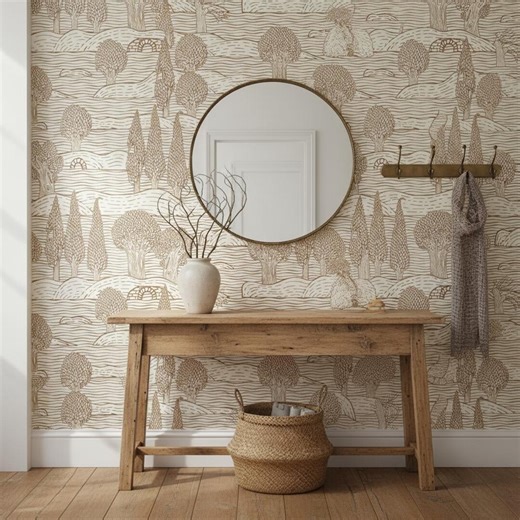 Landscape Wallpaper - Brown Countryside Toile Peel and Stick | Removable Scandinavian Nature Pattern - Etsy