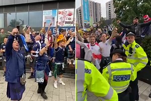 Scotland & England fans chant at each other as cops separate rivals at Wembley