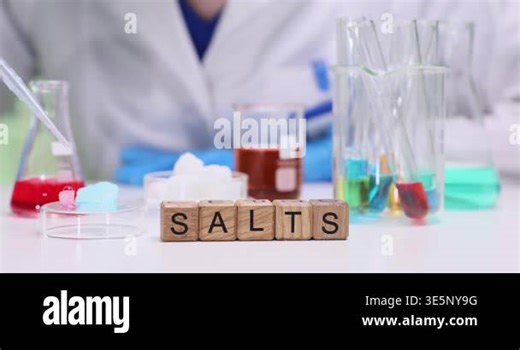 Wooden blocks spell word Salts on lab table near glassware. Scientist measures colored liquids preparing samples for chemical testing and analysis Stock Video Footage - Alamy