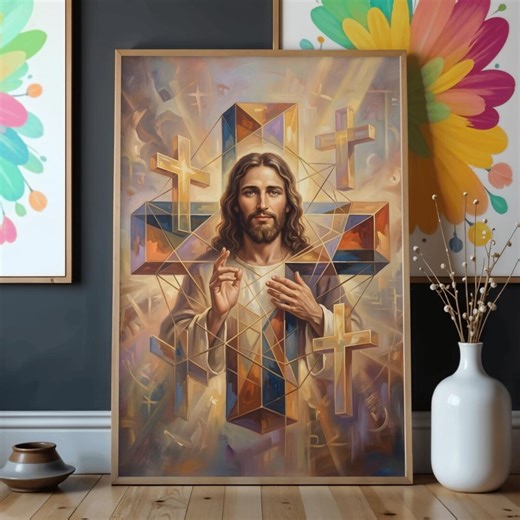 Jesus Christ Cross Wall Art Printable, Christian Abstract Geometric Painting, Religious Wall Decor, Spiritual Art Print, Modern Faith Art - Etsy