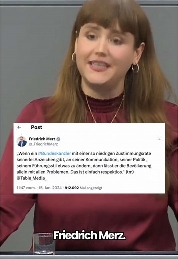 „Wenn ein Bundeskanzler mit einer so niedrigen Zustimmungsrate keinerlei Anzeichen gibt, an seiner Kommunikation, seiner Politik, seinem Führungsstil etwas zu ändern, dann lässt er die Bevölkerung allein mit allen Problemen. Das ist einfach respektlos.“ Ratet mal, wer das gesagt hat! Das schrieb am 15. Januar 2024 der Oppositionsführer Friedrich Merz. Und heute hat der Bundeskanzler Friedrich Merz die niedrigsten Zustimmungswerte, die jemals ein Regierungschef in der Geschichte der Bundesrepubli