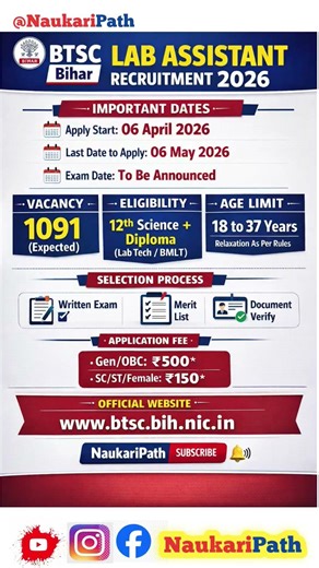 BTSC Lab Assistant Recruitment 2026 🔥 1091 Vacancy | Full Details, Salary 💰 Apply Online|NaukariPath