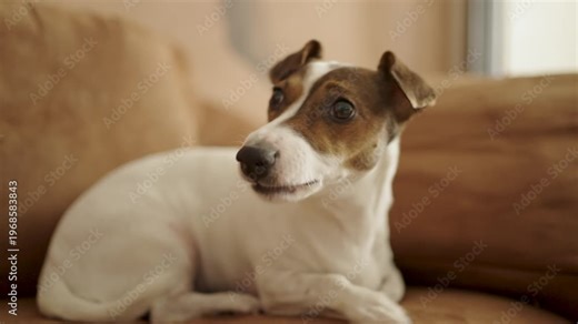 Aggressive Jack Russell Terrier Snarling and Baring Teeth on Sofa. A white and brown dog showing aggression, snarling with its mouth open and teeth visible