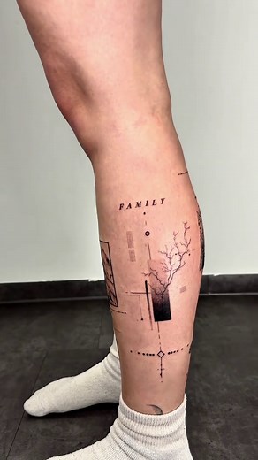 Minimalistic lower leg concept tattoo with 3 different stories inside - by pmtsketch • • • Best Tattoo Care, Designs & more 👉🏼 link in bio 👈🏼 • • #concepttattoo #tattooidea #tattooconcept #tattooideas #fineline