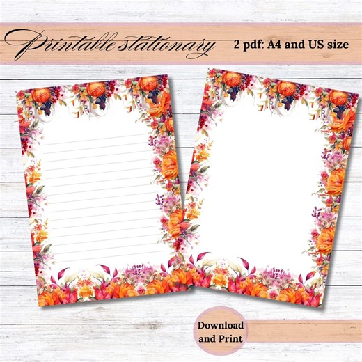 Pink and Orange Summer Flower Stationery: Lined and Unlined PDF With Summer Flower for Instant Printing - Etsy Australia