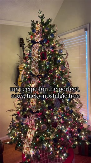 This is how I put together my cozy, cute tacky old-school Christmas tree! We still have a bunch of cheap ornaments and a lot of handmade ones. I haven’t curated glass ornaments yet because we have kitty cats who like to play with the tree! #nostalgicchristmas #cozychristmas #christmastreedecorating #christmastree