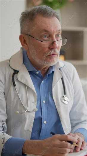 Senior doctor consulting patient at home, vertical video portrait. Aged health professional talking and writing in notepad, grey-haired therapist with eyeglasses sitting on sofa in room, healthcare
