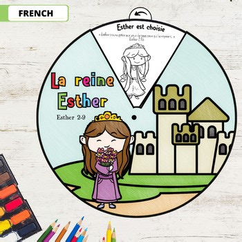 Queen Esther Coloring Wheel IN FRENCH, Printable Bible Activity, Watercolor