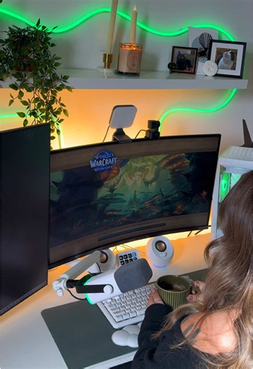 Morning coffee and WoW sessions can’t be beat ☕️✨ Streaming tomorrow at 11 AM CST. Come join me for coffee and Midnight questing 💚 #worldofwarcraft #wowtok #cozygamer #cozysetup #gamergirl