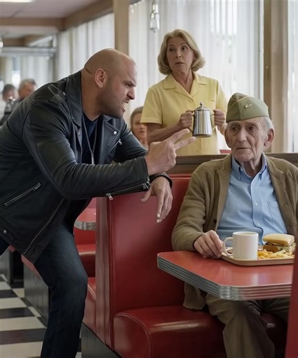 “A Biker Tried to Intimidate an 81-Year-Old Veteran at a Small-Town Diner — But Just Minutes Later, the Thunder of Dozens of Engines Shook the Windows and Changed Everything” A peaceful morning in a small town restaurant: the smell of strong coffee, the sound of knives and forks hitting plates, a few families chatting happily. In the corner of the room, an 81-year-old man sat quietly, his old hat still bearing the marks of time and military service, his body thin but his back straight, his eyes 