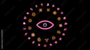 Spinning , rotating ring of magical symbols . Sacred geomettr with glowing occult signs. 3d animation . Seamless loop . Black and white alpha matte included