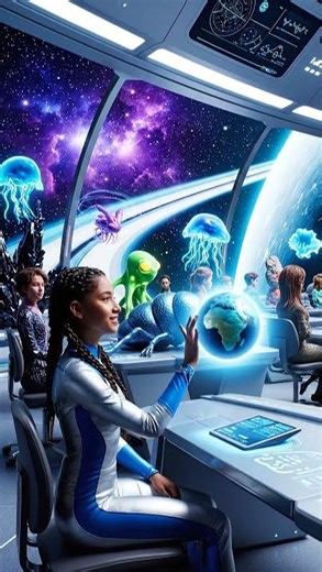 Aliens and humans learn together in a far future classroom on a space station