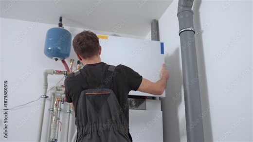 Technician open control panel with internal wiring to inspecting heat pump unit. Specialist servicing heating and cooling system. Concept of HVAC maintenance, home heating system and energy efficiency