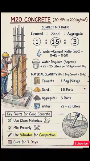 M20 Concrete Mix Ratio | 1:1.5:3 Concrete Ka Sahi Formula | Civil Engineering Shorts #shorts