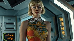retro futurism fashion portrait woman with short blonde hair in bodycon dress with futuristic room background