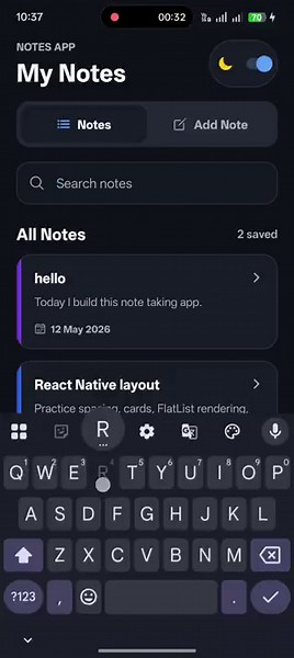 Today, I built a simple notes app in React Native for the mobile development cohort peer assignment.My second mobile app 😁@surajtwt_ & @Hiteshdotcom & @nirudhuuu @BlazeisCoding