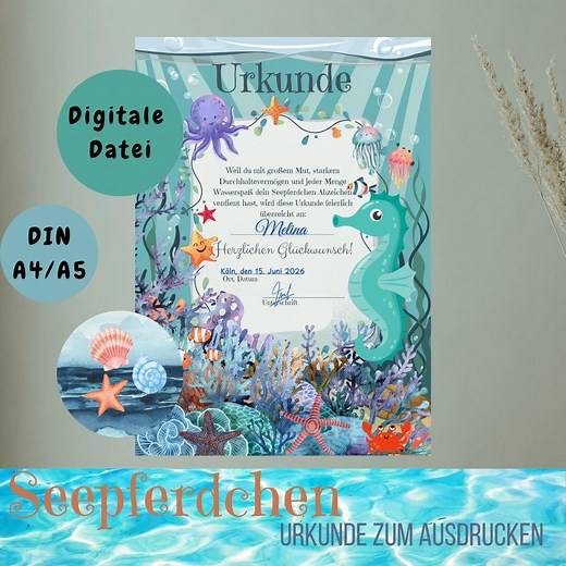 Seepferdchen Urkunde, Schwimmabzeichen, Urkunden Seepferd, Schwimmen, Auszeichnung, Abzeichen, Sofortausdruck, Schwimmer, Din A4 A5 - Etsy.de