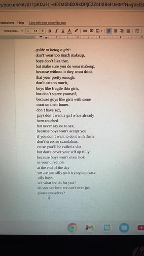 the heartbreaking guide to being a girl today. #poem #prettywriting #poetryforthesouls #googledocpoetry #writing #googledocs #poetrylover #poemstiktok