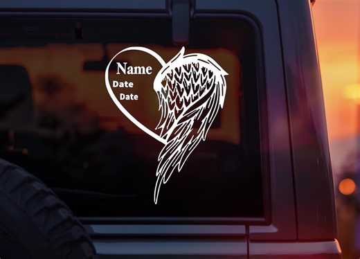Personalized Memorial Car Decal, Angel Wing Heart Vinyl Sticker - Etsy