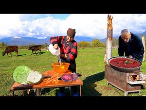 Village Life in Azerbaijan! Grandma Cook Cabbage Soup and Bread IN THE MOUNTAINS!