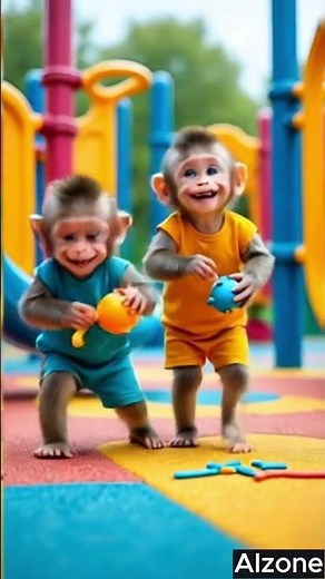 Adorable Monkeys in Colorful Clothes Playing with Toys
