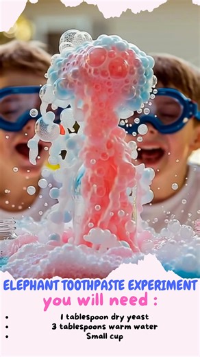ELEPHANT TOOTHPASTE EXPERIMENT You’ll Need 1 clean plastic bottle (medium-sized) ½ cup hydrogen peroxide (3% from a pharmacy — or 6% for a bigger reaction, with adult help) 1 tablespoon dish soap Food coloring (any color you like — or multiple for rainbow foam!) 1 tablespoon dry yeast 3 tablespoons warm water Small cup Tray or large dish (to catch the foam) Safety goggles (recommended) Instructions Prepare the Bottle: Place the plastic bottle in the middle of your tray or dish — this will catch 
