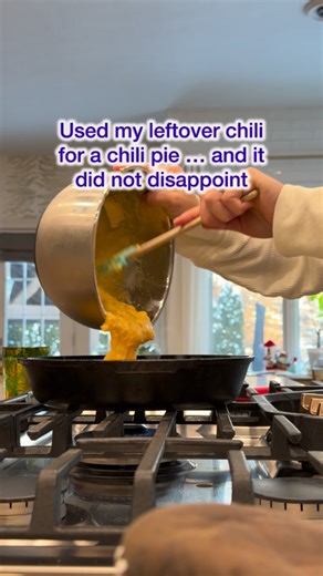 Jessi Way on Instagram: "Easy chili cornbread skillet recipe using leftover chili. Layer chili in a buttered cast iron skillet, top with cornbread mix, and bake at 375° for 25–30 minutes. This chili pie / cornbread casserole is a cozy one-pan dinner and an easy weeknight comfort food recipe."