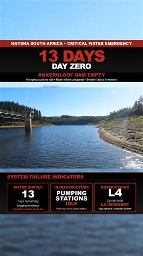 Above The Norm News on Instagram: "🚨💧 Knysna Is Now Days Away From Day Zero 💧🚨 Knysna on South Africa’s Garden Route is facing a severe water emergency. The town has about thirteen days of supply left. Akkerkloof Dam has dropped to levels that can no longer support normal demand and the rivers feeding the system have almost stopped. Pumping stations are shutting down because the water is too low to reach the intakes. Officials confirm that Knysna has entered a day zero scenario. Level 4 rest