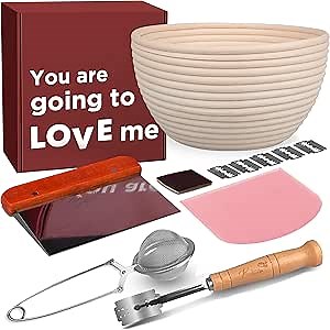 Sourdough Bread Making Tools and Supplies - 1 inch Taller Banneton Bread Proofing Basket Set. Sourdough Proofing Basket + Liner + Bowl Scraper + Bench Scraper + Flour Duster. Bread Baking Gift Set