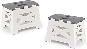 Non-Slip Folding Step Stools with Handle，Foot Stool with 9 Inch Height - Holds Up to 300 lbs - Lightweight Plastic Foldable Step Stool(Grey) - (PCS 2)
