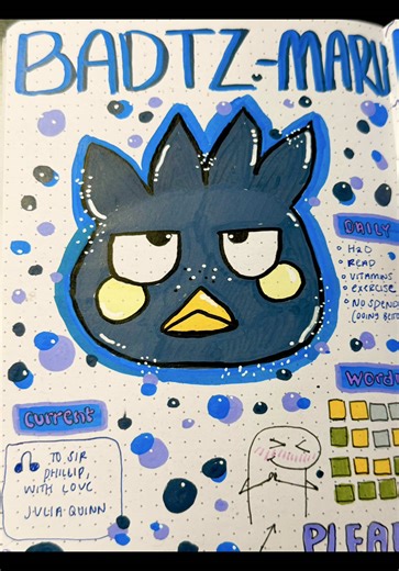[11.25.2025] ✨ SANRIO WEEK PT2 ✨ that transition was cleaaaaaan 🔥 badtz maru is super cute & chill looking haha, hope you guys like how this spread came out! i think i’m in my bridgerton era so i WILL be finishing all the books in these upcoming weeks. any guesses for who’s next? 👀 #journalwithme #journaling #asmr #beeeatificjournals #badtzmaru