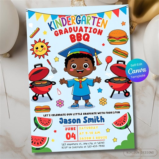 Kindergarten Graduation BBQ Invitation, Kids Graduation Invite, Preschool Party Invitation, Editable Canva Template, Cookout Party Printable - Etsy