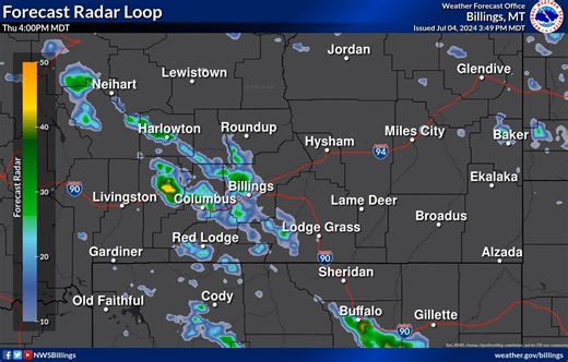 [350pm 7/4/24]: Showers and thunderstorms will gradually diminish this evening. Here is a forecast radar loop through the evening. | US National Weather Service Billings Montana