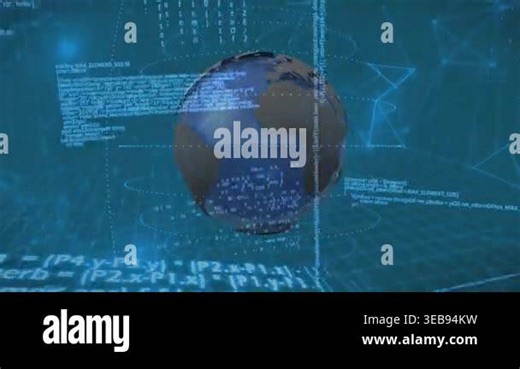Data ping starting 3D globe rotating, code flowing, planes orbiting, rings showing global data. Earth, orbit, network, virtual, neon, grid, script Stock Video Footage - Alamy