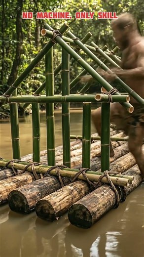 Building a Floating Jungle House Using Only Mud, Wood and Leaves | Primitive Survival Construction