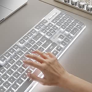 EWEADN X7S Wireless Keyboard with White Backlit, Metal Panel, Bluetooth/2.4G Rechargeable Computer Keyboard Silent Light up Full Size Cute Keyboards for Win & MAC-White