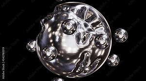 Realistic looping 3D animation of the abstract morphing liquid silver alien alloy sphere with silver metallic satellites, rendered in UHD with alpha matte