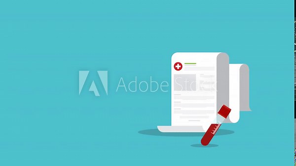 Blood analysis. Blood test. Medical research report with medical sample in a glass tube.