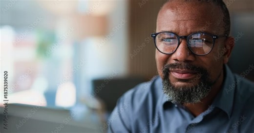 Reading, glasses or businessman with smile in office, review banking transaction or process deposit. Account clerk, tech reflection or mature black person with invoice approval, specs or bookkeeping