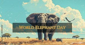 a captivating copy space background for World Elephant Day, featuring majestic elephant illustrations, African savannah landscapes, and conservation symbols