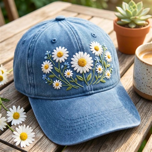 Embroidered Daisy Baseball Cap, Hand Embroidered Baseball Cap, Wash Cotton Hat, Embroidered Cap, Hat for Women, Summer Hat, Daisy Hat - Etsy