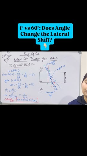 Dream Educations on Instagram: "Don’t let Lateral Displacement confuse you! 🧠✨ Think of it as a parallel “sideways shift.” 📏 If the angle is large, the shift is obvious. 📏 If the angle is small, the shift is negligible. Formula Alert: For very small angles, we simplify the math! {d = t . i (1 - 1/u)} Save this for your Optics revision! 💾 #physicsstudent #class12physics #jeeprep #neetphysics #dreameducations"