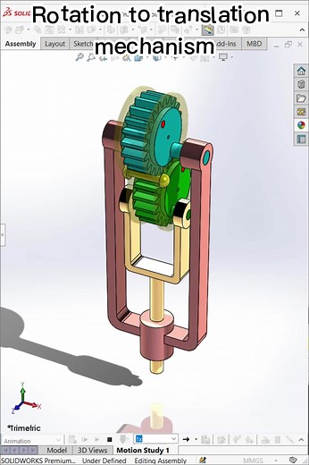 Rotation to translation mechanism #Solidworks #SolidworksTutorial #SolidwroksTutorialHP #SolidworksforBeginer #mechanism #SolidworksExercise #SolidworksExercises #SolidworksTutorialExercise #SolidworksTutorialExercises #SolidworksAnimation